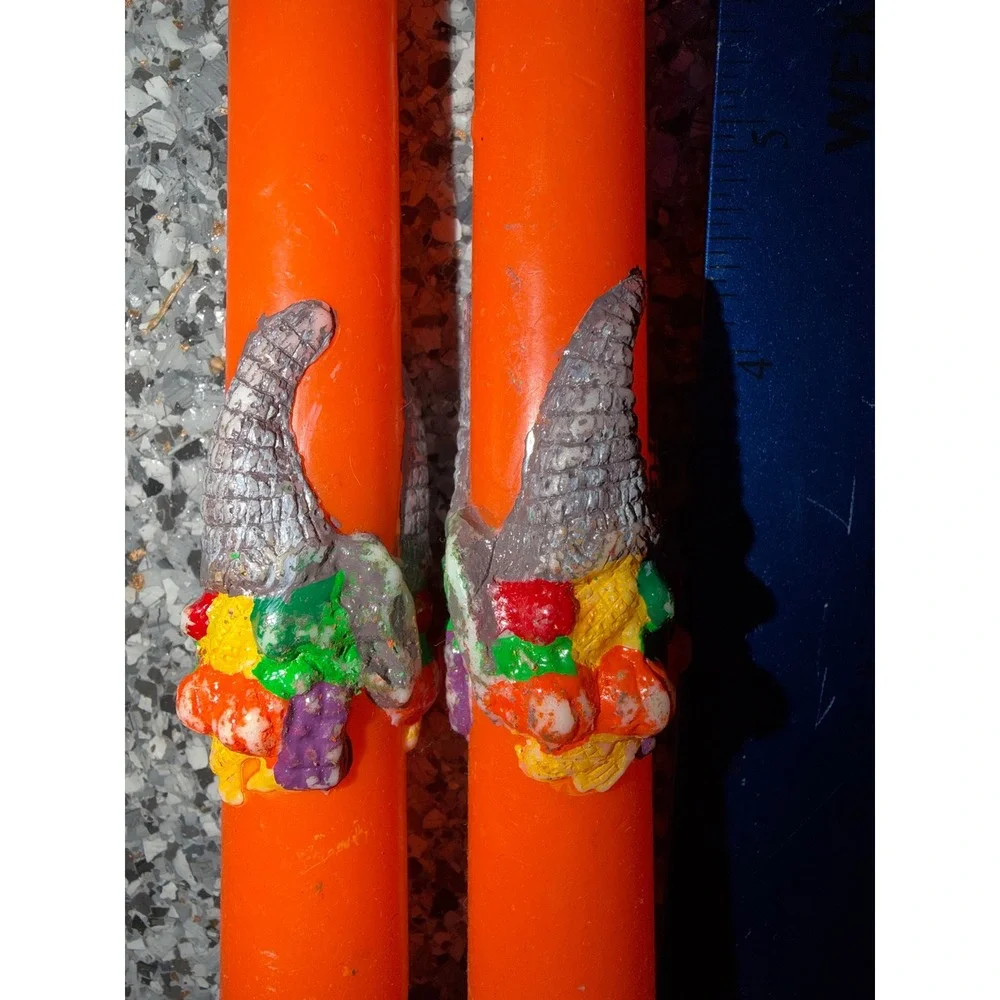 Vintage Thanksgiving Cornucopia Orange Taper Candles Set of 2 Harvest Decor 10in